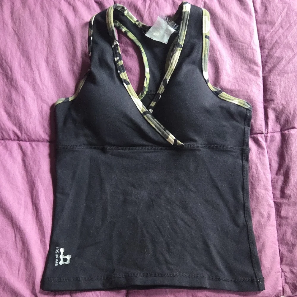 Brasil Sul Black & Camo Green Mock Wrap Tank Top With Removable Cups Size M - Picture 2 of 8